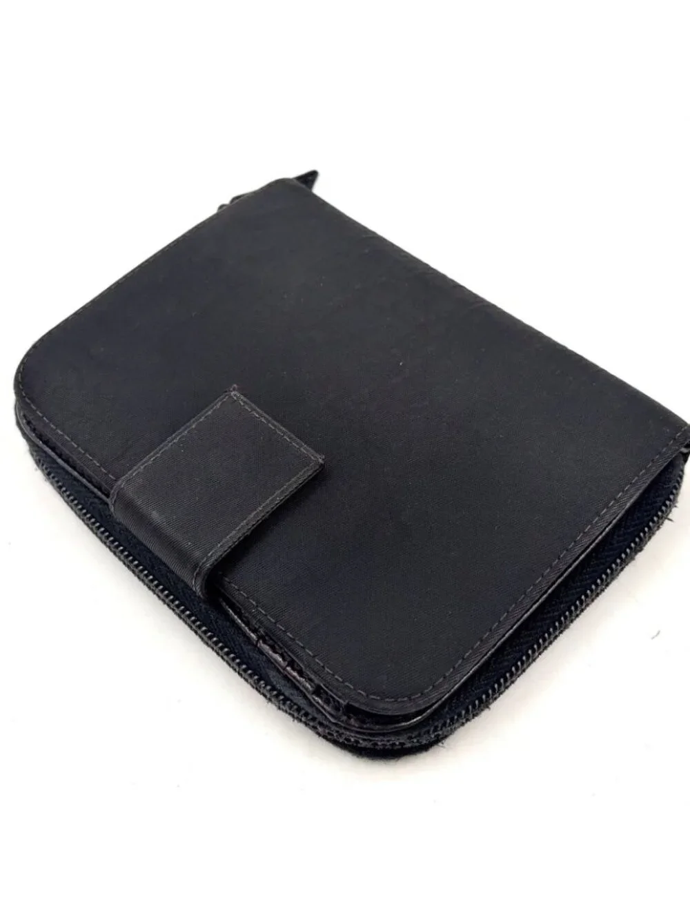 Prada Zip Around Leather Nylon Black Wallet Silver